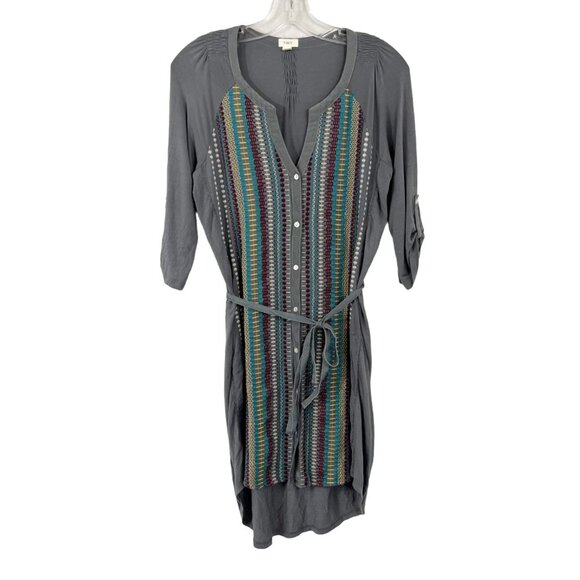 Anthropologie Tiny Gray Embroidered Button Front Belted Dress Jersey Size Small - Picture 1 of 7